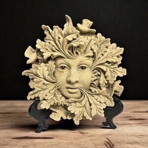 Green Man Plaque 5" Art Garden Sculpture Signed David‎ Lawrence Portland Stone